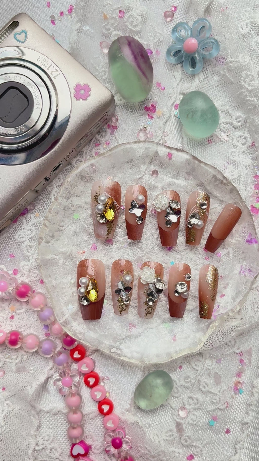 Press-On Nails – Autumn Ombre with Rhinestones, Pearls & Gold Foil | Handmade Fall Glam Nail Art | Wynzy Pops Nails