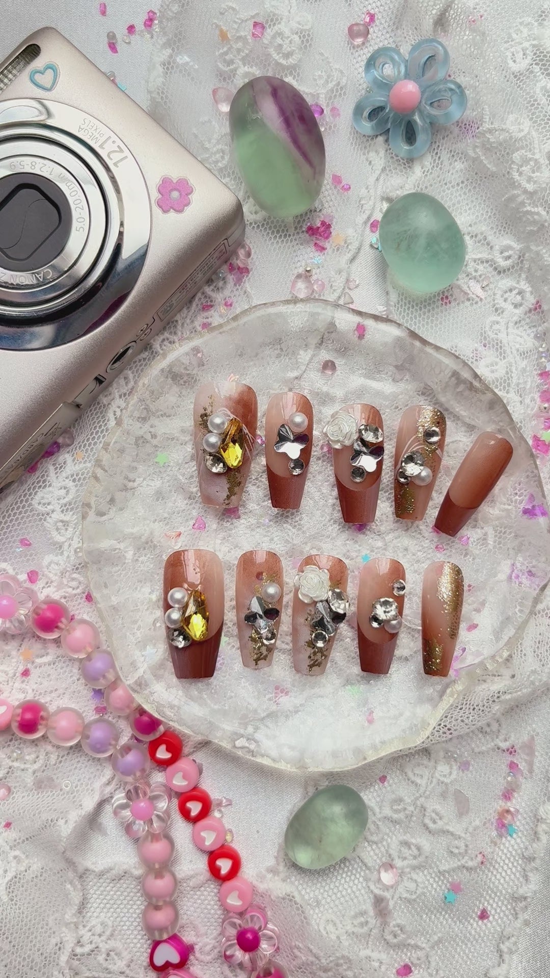 Press-On Nails – Autumn Ombre with Rhinestones, Pearls & Gold Foil | Handmade Fall Glam Nail Art | Wynzy Pops Nails
