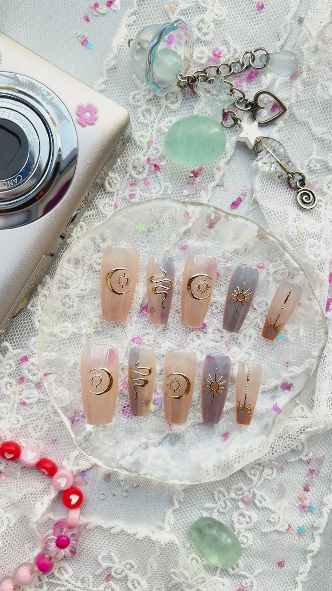 Press-On Nails – Nude & Lavender with Gold Moon, Sun & Snake Foil Nail Art | Wynzy Pops Nails