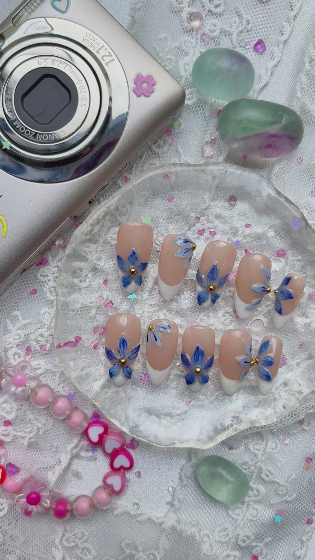 Custom Press-On Nails – French Tip with Blue Floral Hand-Painted Accents | Elegant Flower Nail Art | Wynzy Pops Nails