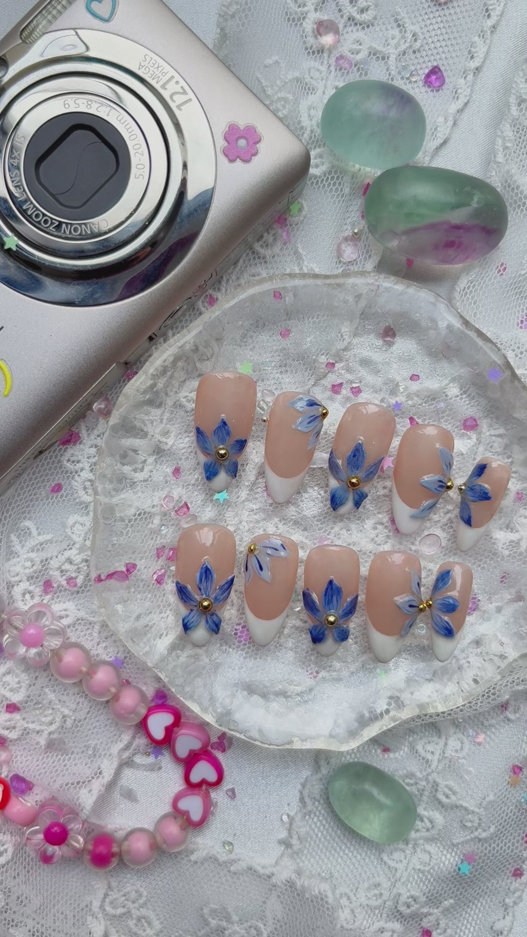 Custom Press-On Nails – French Tip with Blue Floral Hand-Painted Accents | Elegant Flower Nail Art | Wynzy Pops Nails