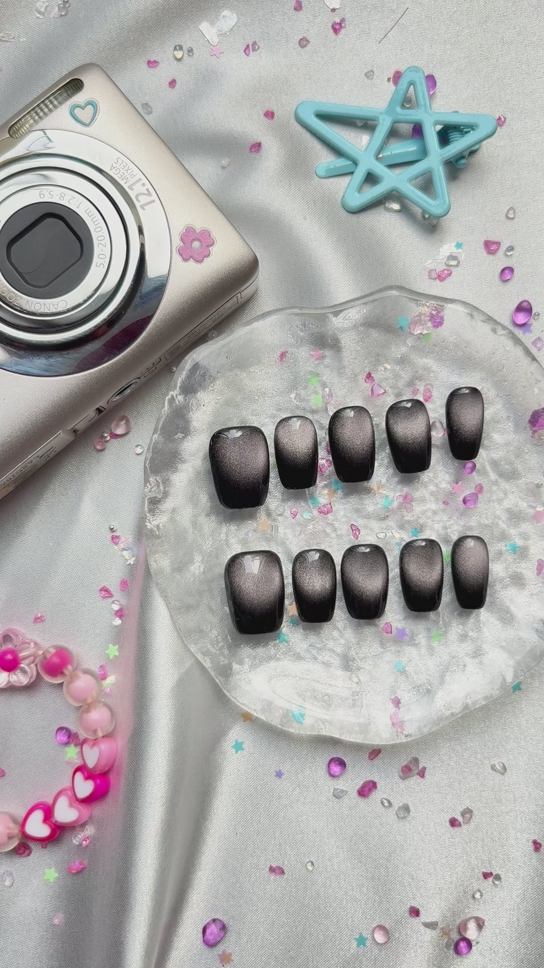 Custom Press-On Nails – Black Ombre Cat Eye with Gothic Glitter Nail Art | Long Square Glam | Wynzy Pops Nails