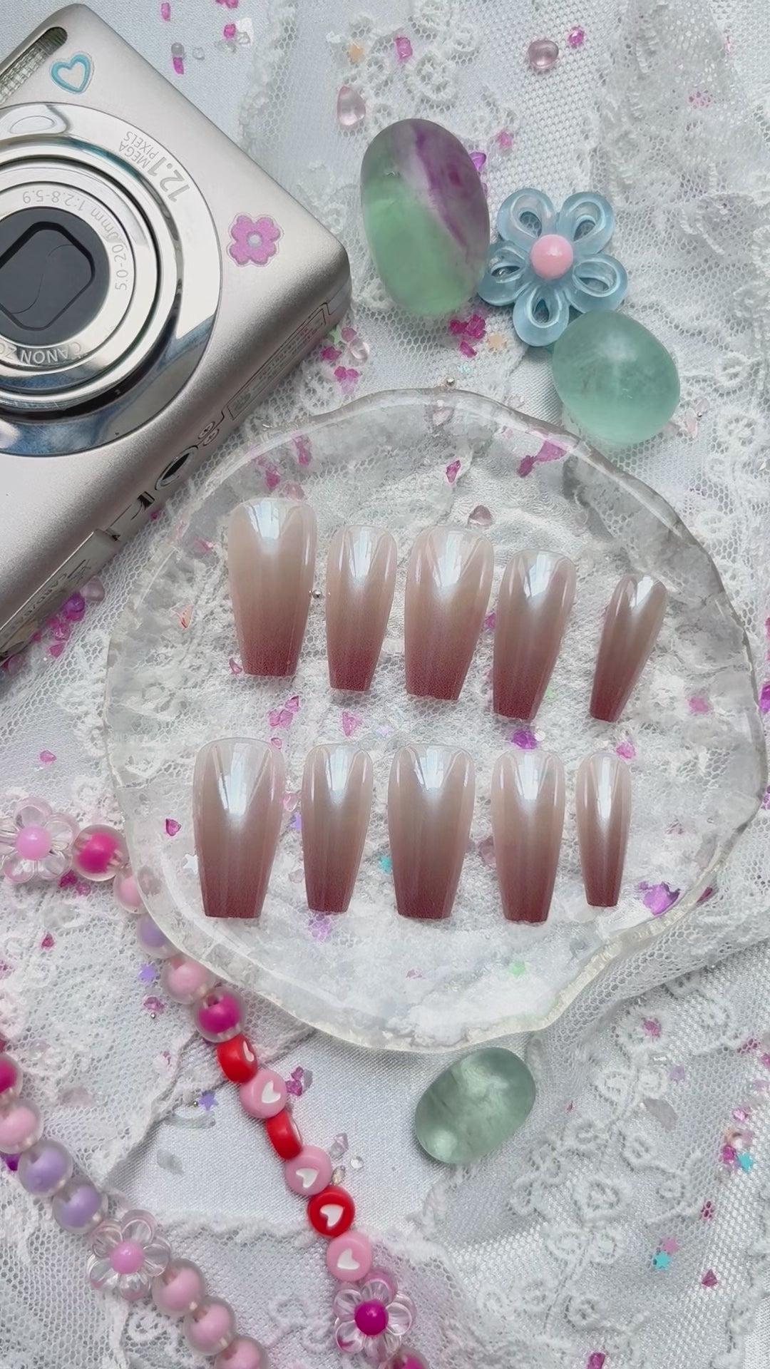 Custom Press-On Nails – Rose Gold Ombre Pearl Chrome Coffin Set | Wynzy Pops Nails