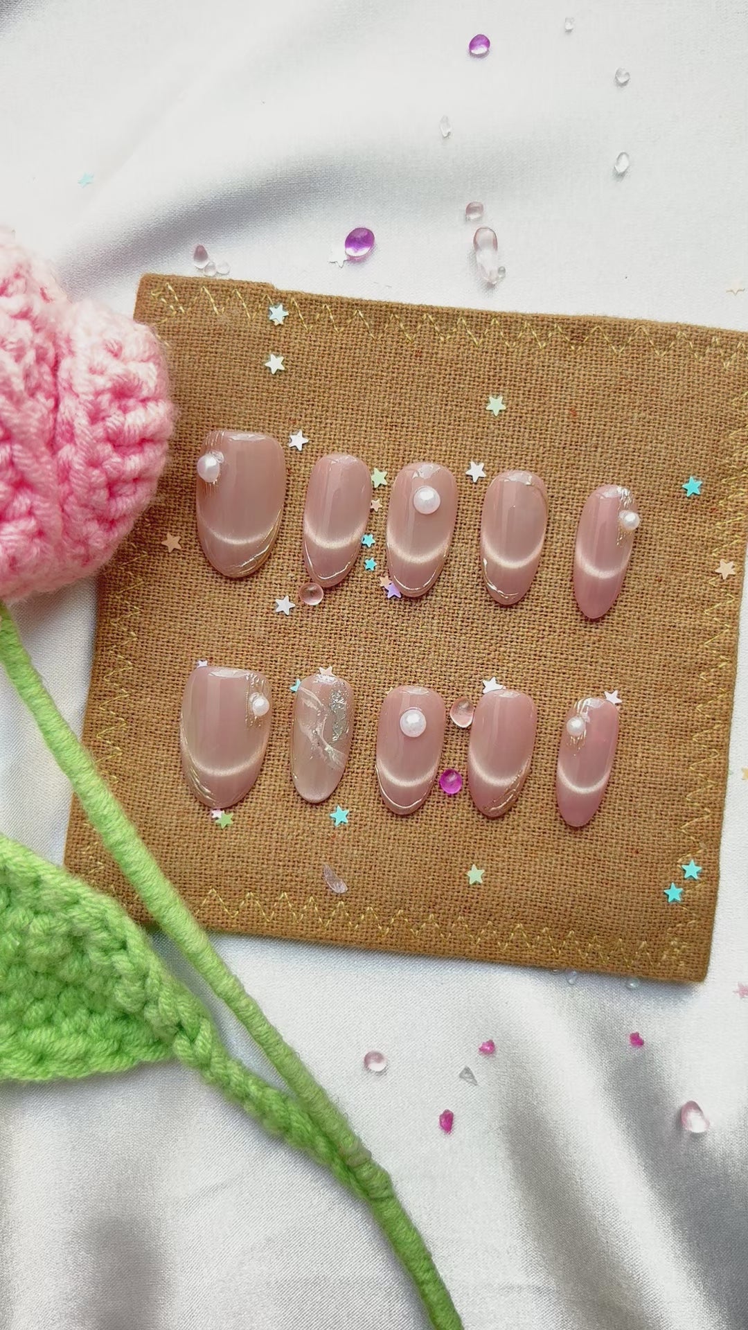 Custom Press-On Nails – Nude Cat Eye with Pearl Charms & Gold Foil Accents | Minimalist Luxury Nail Set | Wynzy Pops Nails