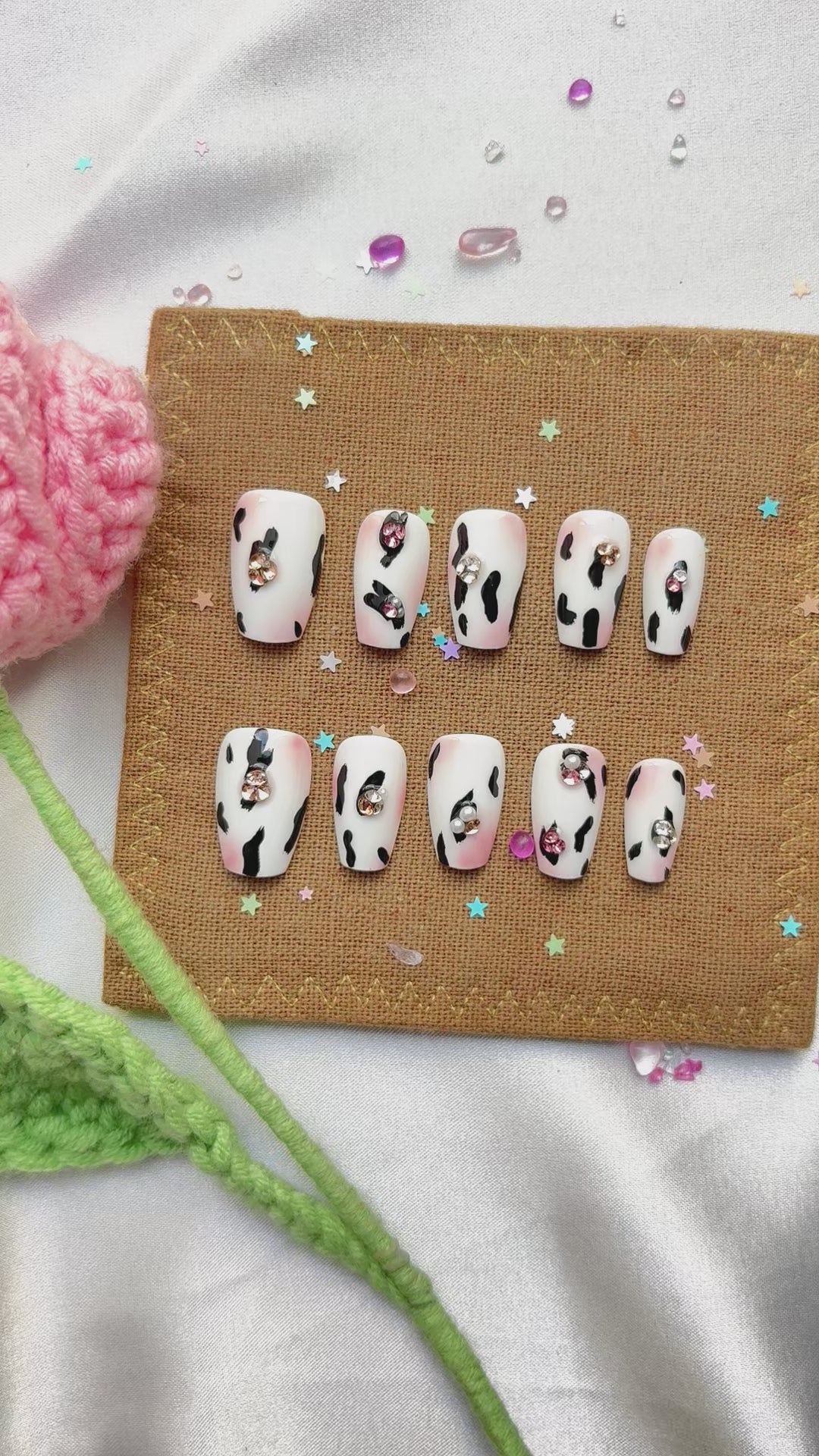 Personalized Cow Print Coffin Press On Nails | Rhinestone Accent | Handmade Custom Nail Art