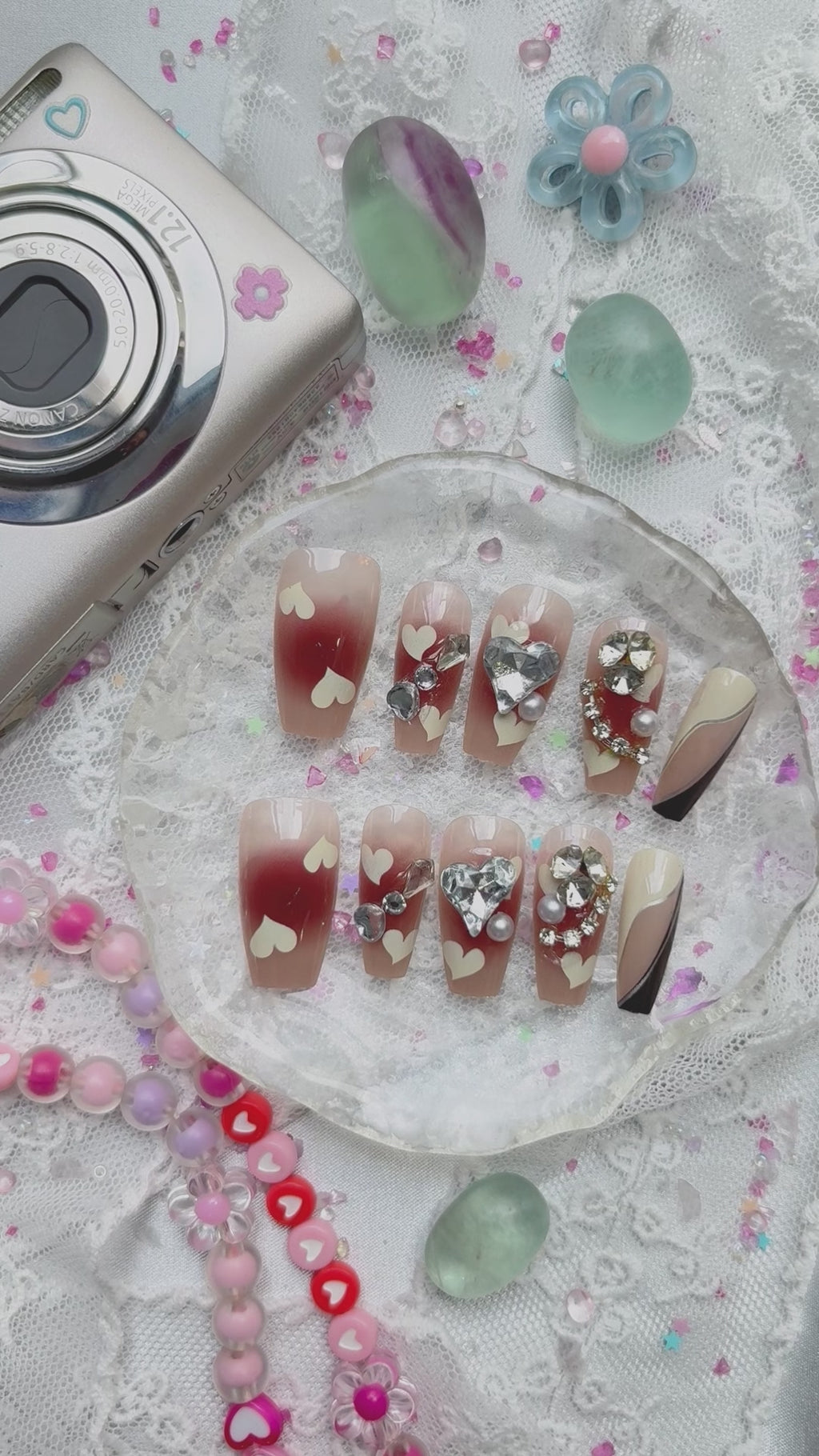 Press-On Nails – Burgundy Ombre with Rhinestones & Y2K Heart Accents | Handmade Glam Nail Art | Wynzy Pops Nails