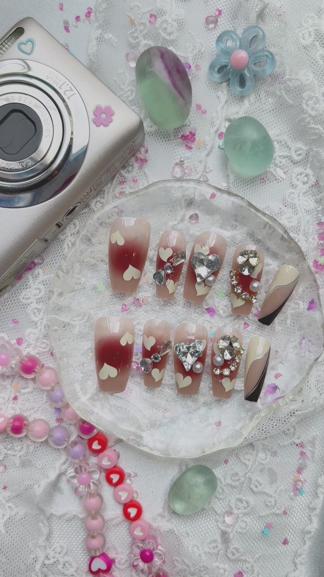 Press-On Nails – Burgundy Ombre with Rhinestones & Y2K Heart Accents | Handmade Glam Nail Art | Wynzy Pops Nails