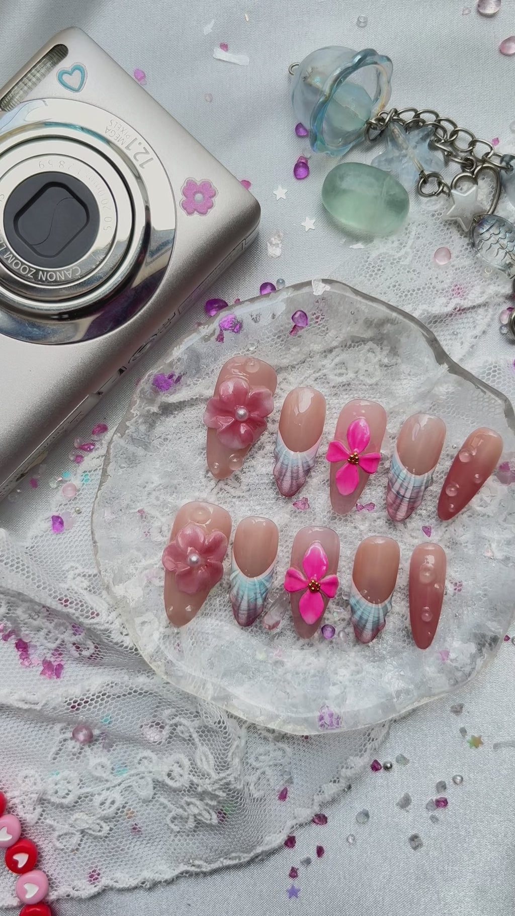 Personalized Nude Mermaid Press On Nails | 3D Pink Floral & Seashell Design | Summer Beach Nail Trend 2025 | Long Almond Shape
