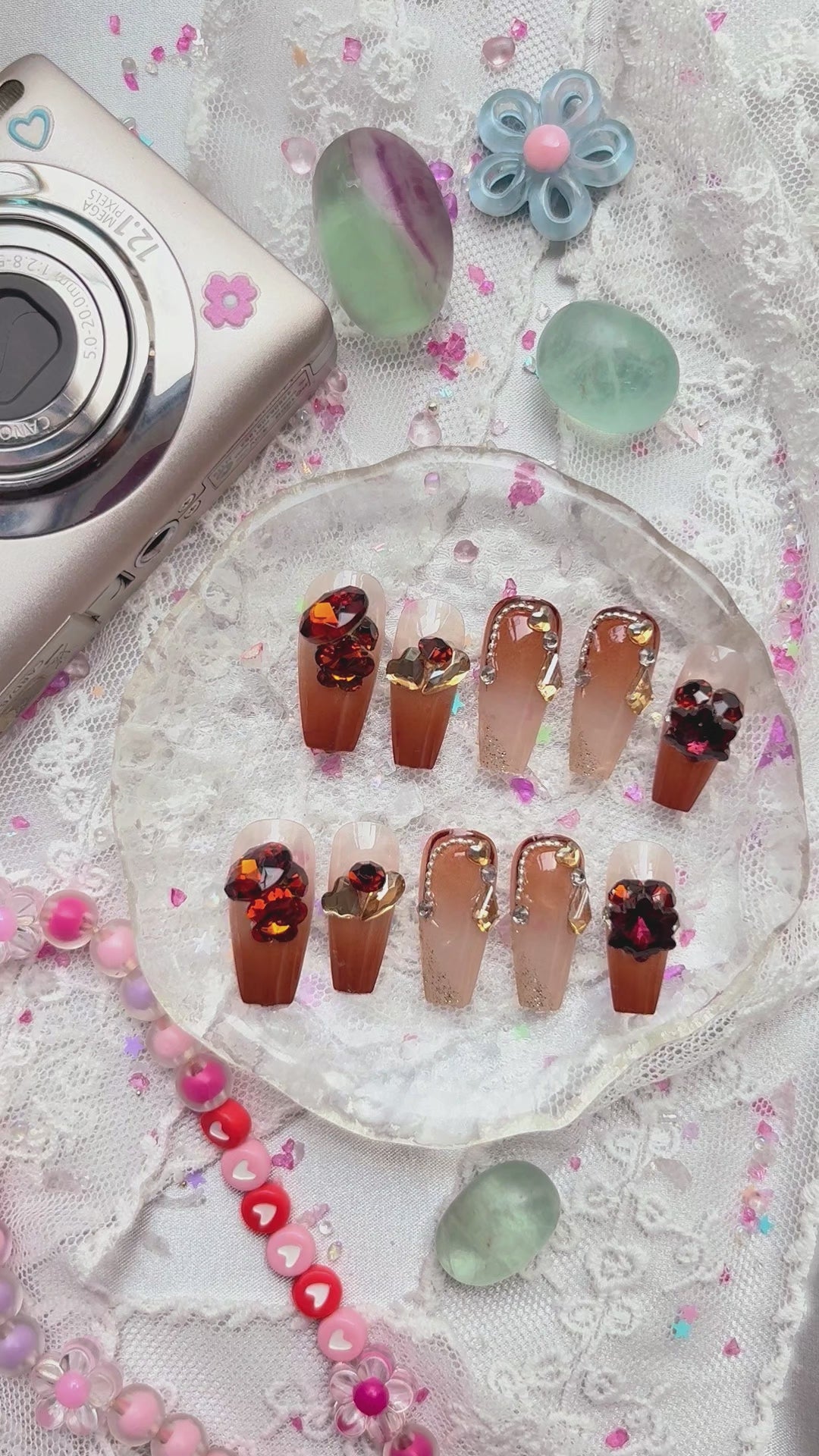 Press-On Nails – Autumn Ombre with Red & Gold Rhinestones | Handmade Fall Crystal Nail Art | Wynzy Pops Nails