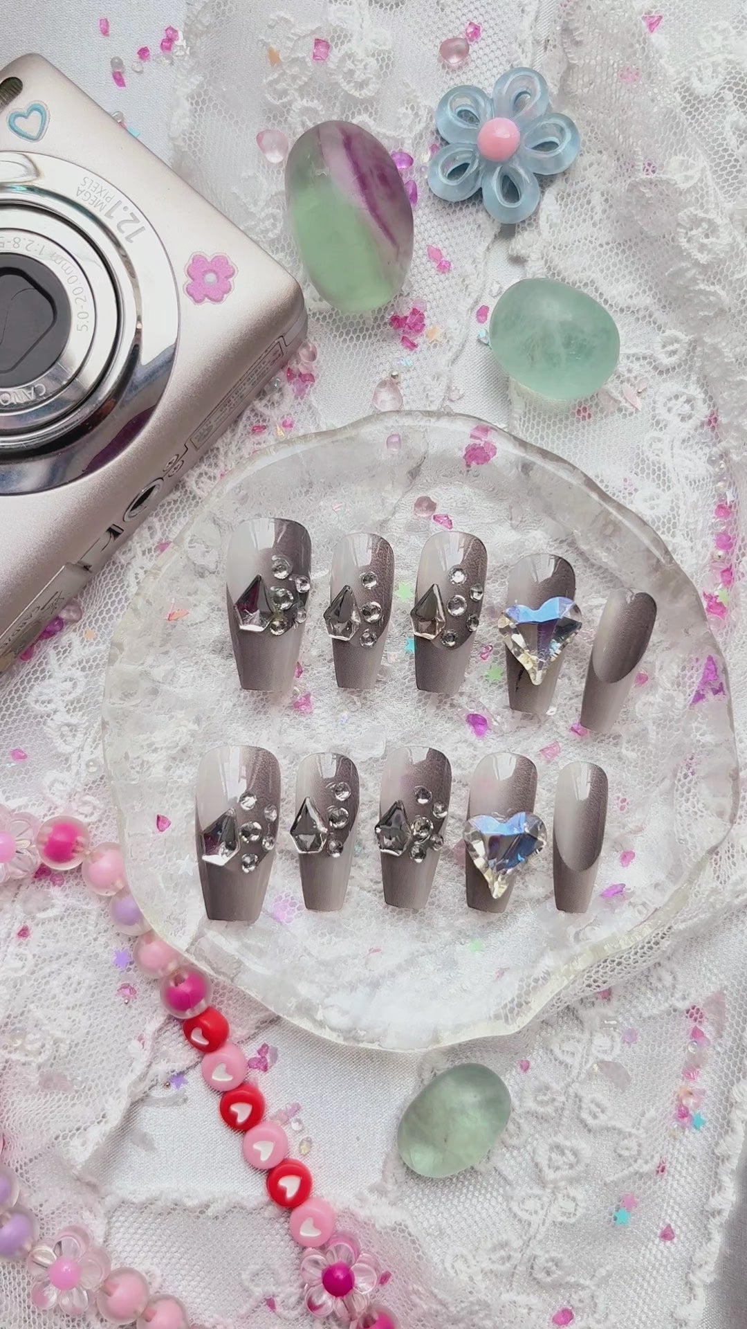 Press-On Nails – Gray Coffin with 3D Rhinestone & Heart Accents | Glam Luxury Nail Art | Wynzy Pops Nails