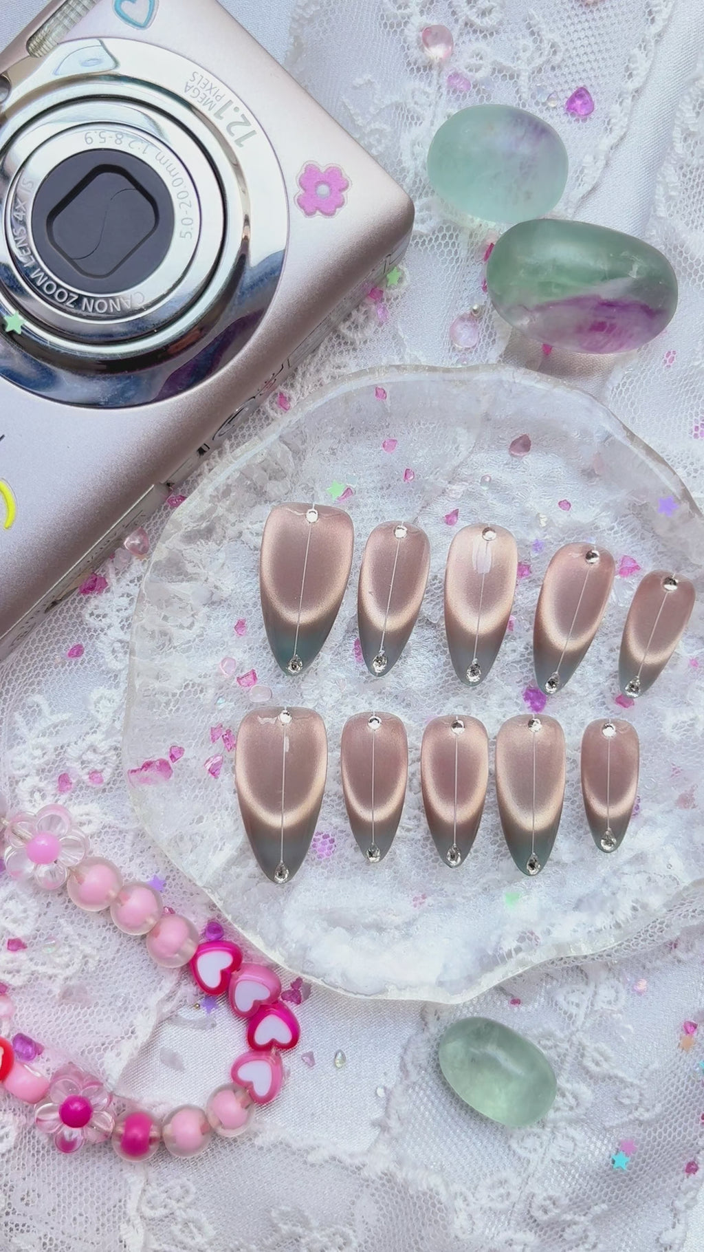 Personalized Gray Ombre Cat Eye Press On Nails – Rhinestone Stiletto Custom Set