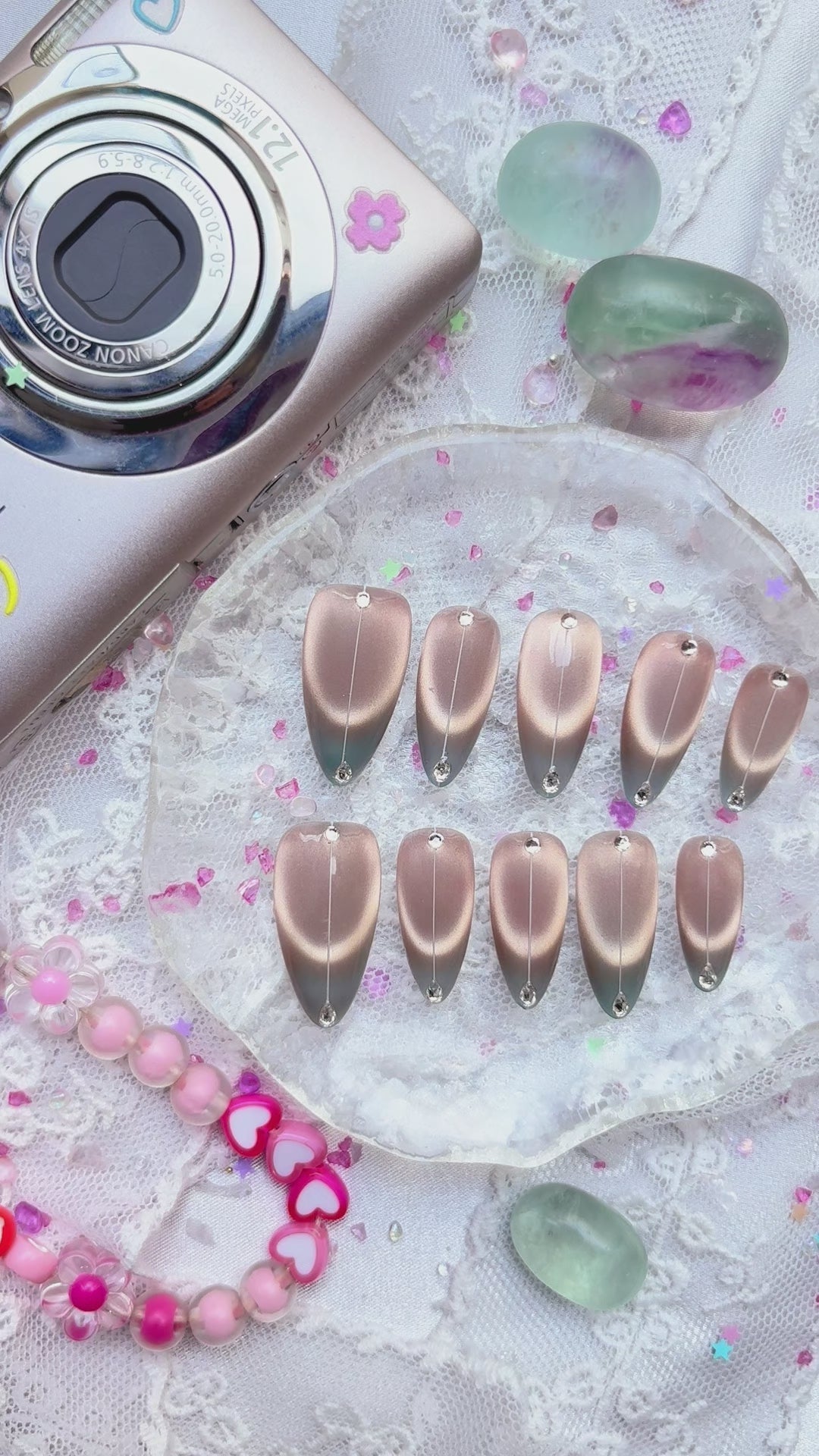 Personalized Gray Ombre Cat Eye Press On Nails – Rhinestone Stiletto Custom Set