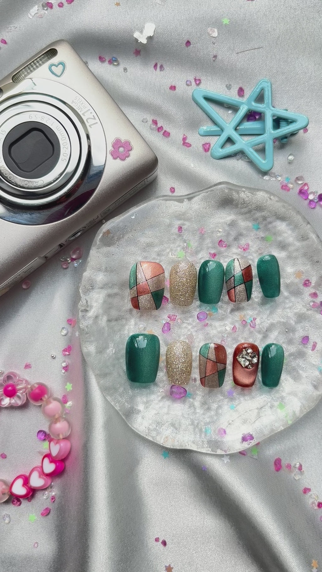 Custom Press-On Nails – Teal, Rose Gold & Silver Glitter Blocks with Rhinestones in Geometric Glam Style | Wynzy Pops Nails
