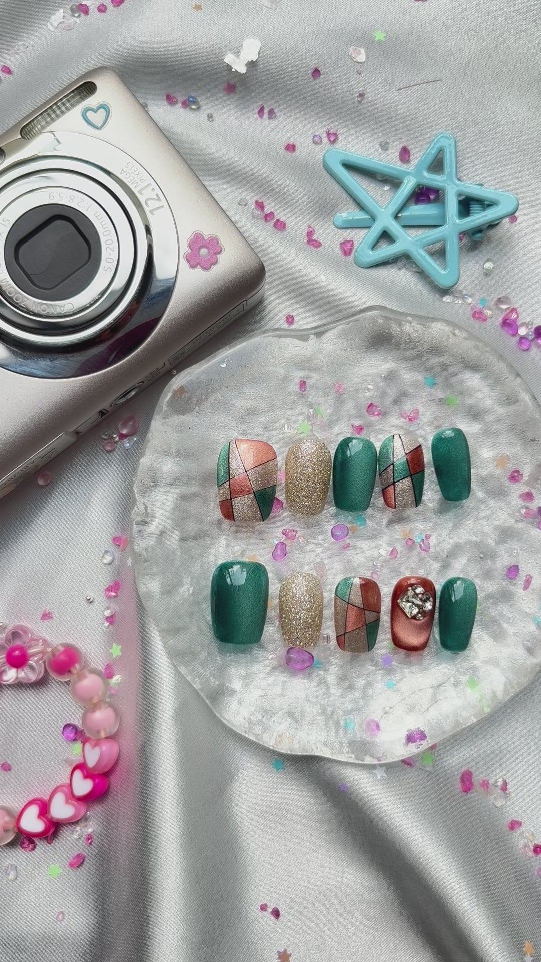Custom Press-On Nails – Teal, Rose Gold & Silver Glitter Blocks with Rhinestones in Geometric Glam Style | Wynzy Pops Nails
