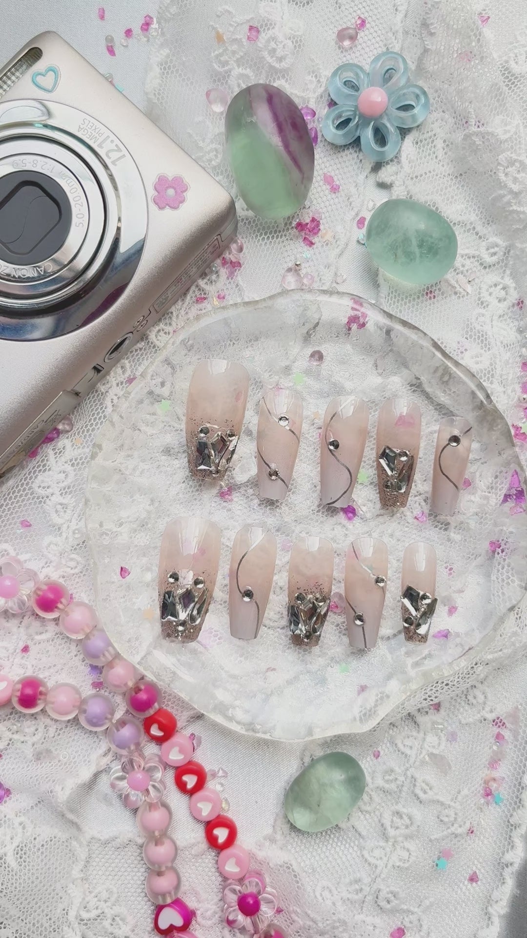 Press-On Nails – Nude Quartz Coffin with Silver Chrome Crystals | Wynzy Pops Nails