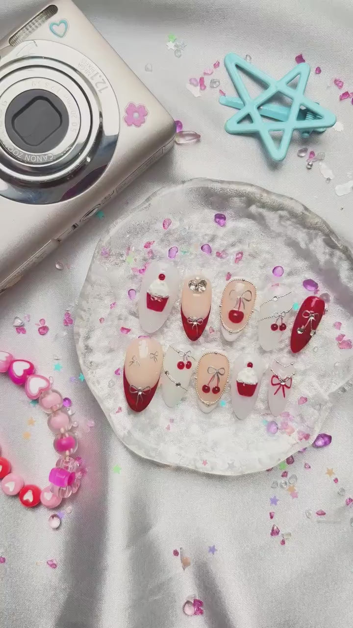 Custom Press-On Nails – Cherry Cupcake Dessert Design with 3D Pearls & Red Nude Kawaii Style | Wynzy Pops Nails
