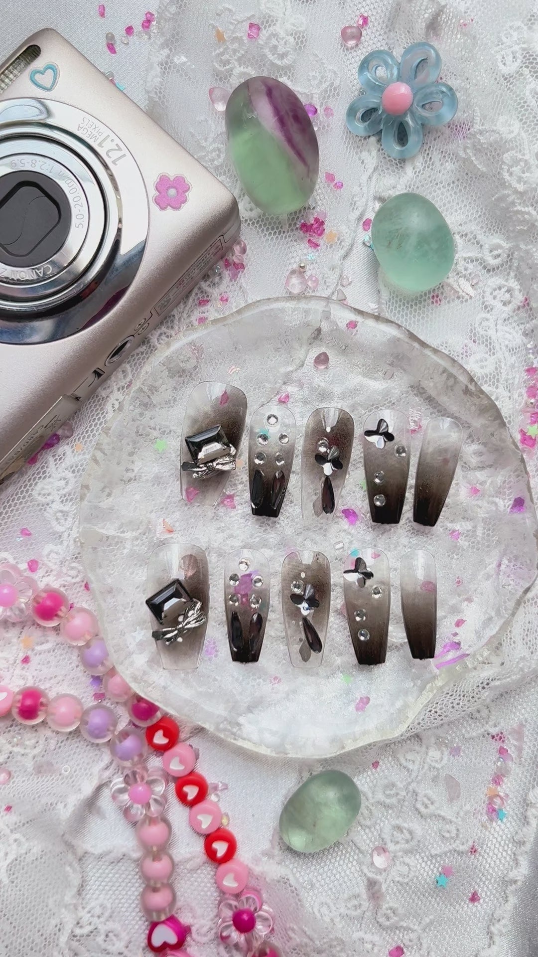 Press-On Nails – Gothic Black Coffin with Silver Rhinestone & 3D Charm Accents | Dark Glam | Wynzy Pops Nails