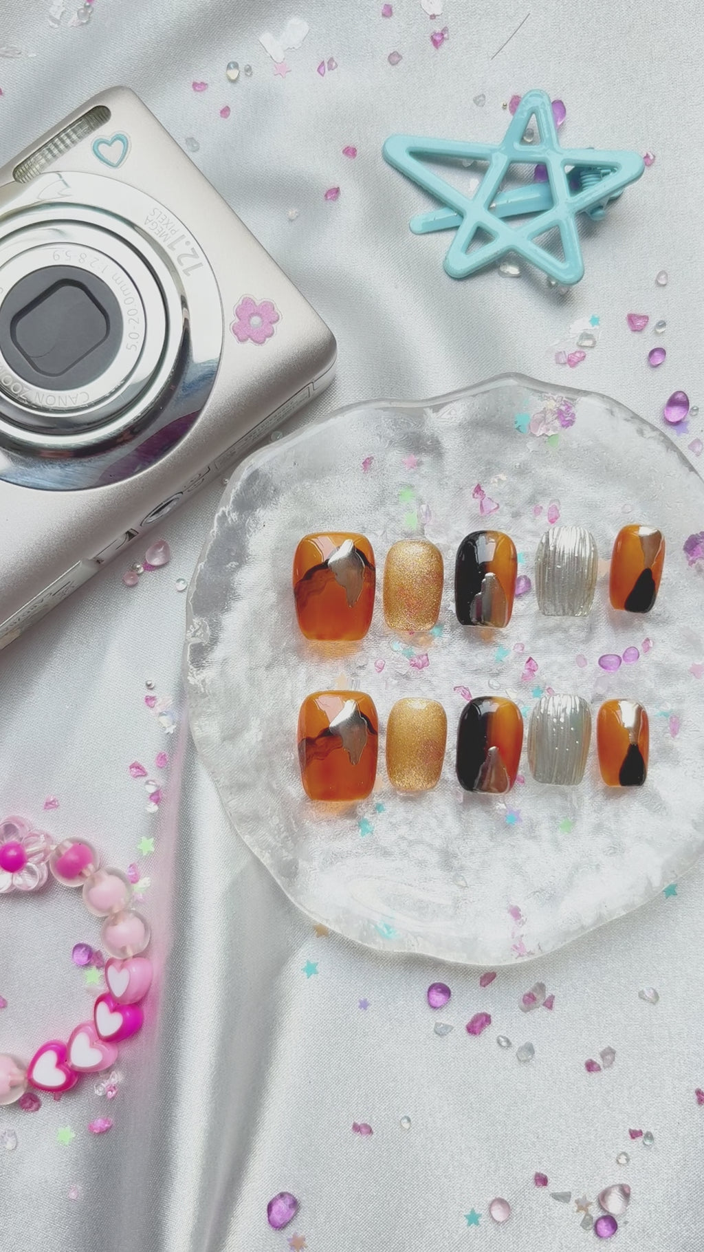 Personalized Brown & Amber Gold Glitter Press On Nails | Chrome & Textured Accents | Short Square Handmade Nail Set
