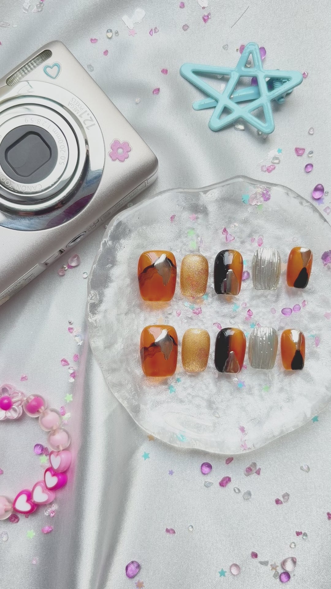 Personalized Brown & Amber Gold Glitter Press On Nails | Chrome & Textured Accents | Short Square Handmade Nail Set