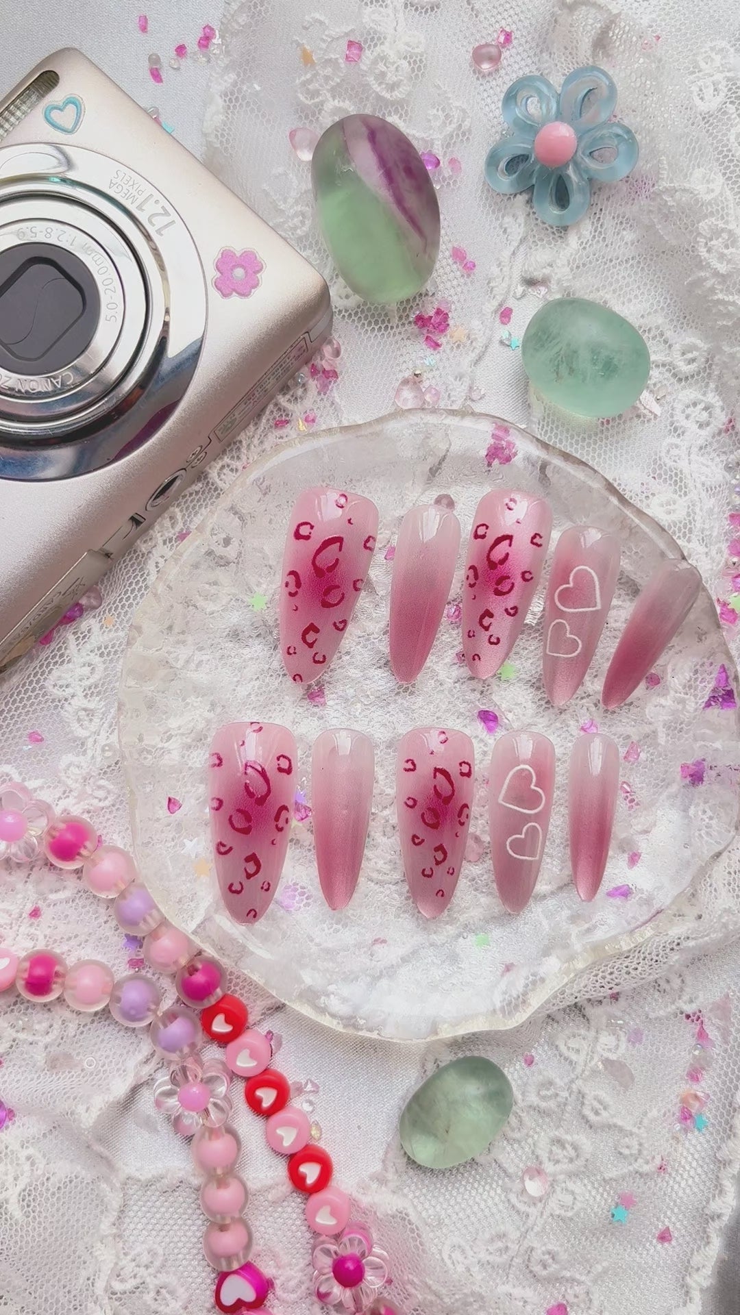Press-On Nails – Pink Ombre Stiletto with Leopard Print & Heart Accents | Cute Glam | Wynzy Pops Nails