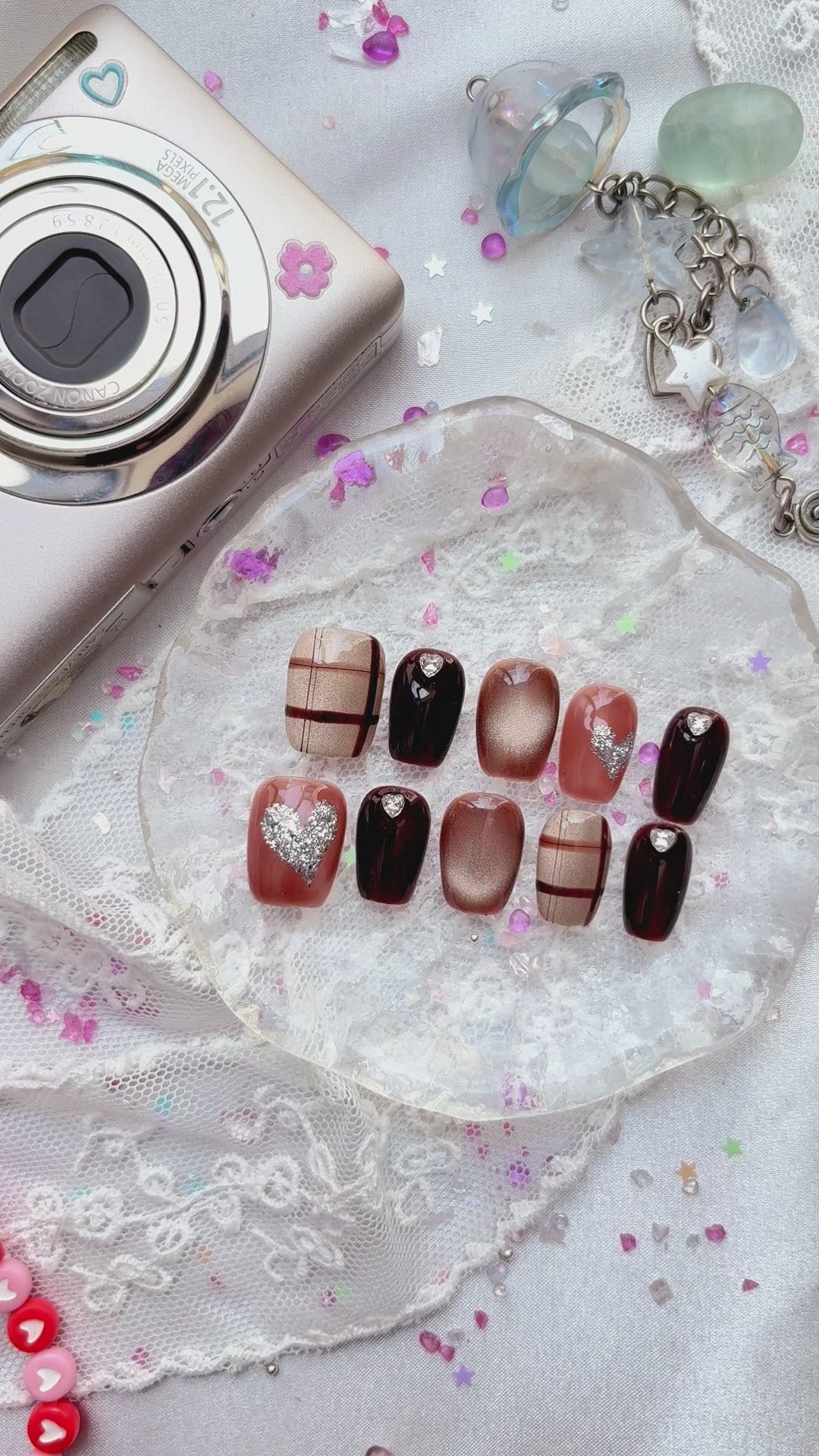 Custom Press-On Nails – Korean Checkered Fall Set with Rhinestone Hearts | Personalized Cozy Chic Nail Art | Wynzy Pops Nails