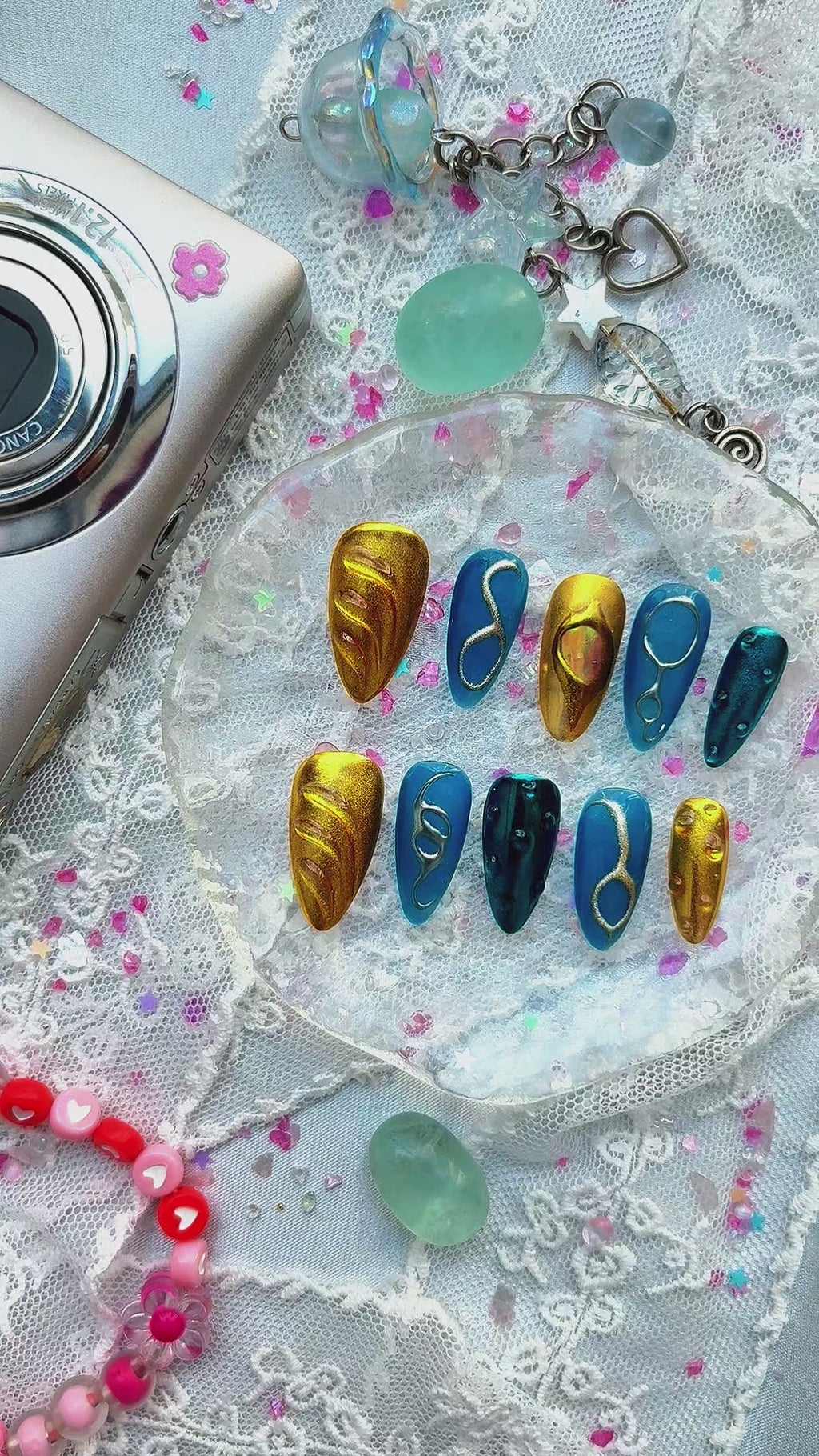 Custom Press-On Nails – Blue & Gold Chrome with Abstract Line Art | Wynzy Pops Nails