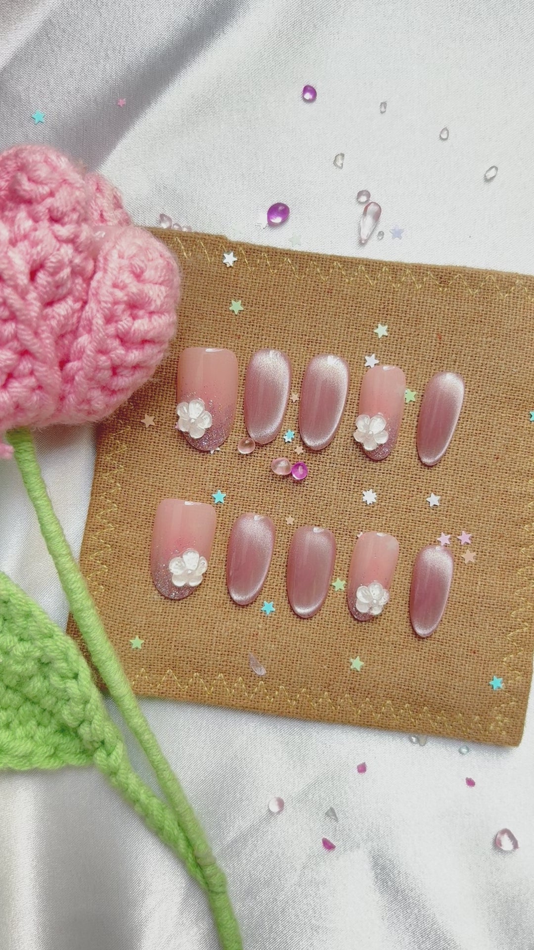 Custom Press-On Nails – Rose Pink Cat Eye with Glitter Tips & 3D Flower Charms | Soft Glam Nail Set | Wynzy Pops Nails
