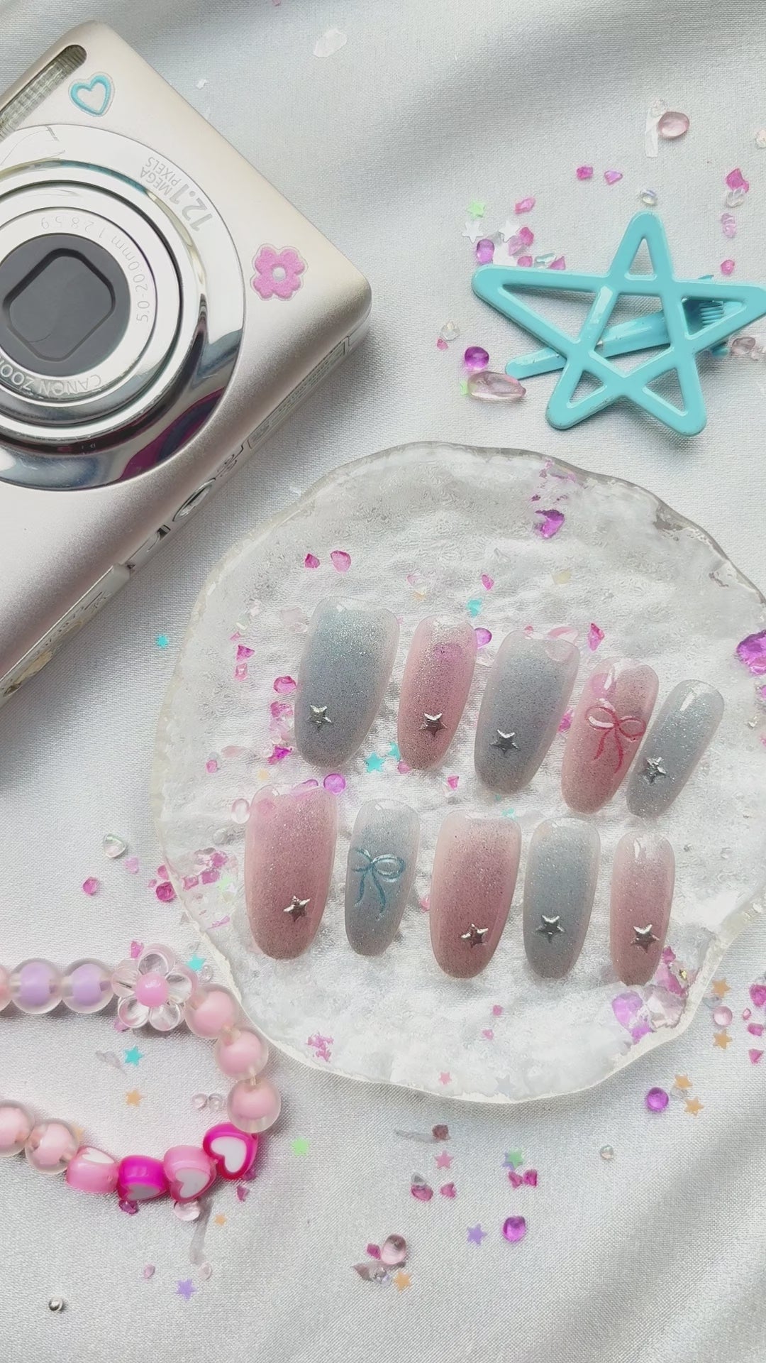 Custom Press-On Nails – Pastel Blue & Pink Glitter Ombre with Star Charms & Bow Details | Soft Coquette Aesthetic | Wynzy Pops Nails