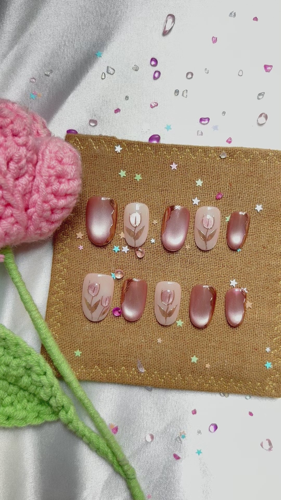 Custom Press-On Nails – Nude Taupe with Gold Foil & Tulip Art in Squoval Shape | Wynzy Pops Nails