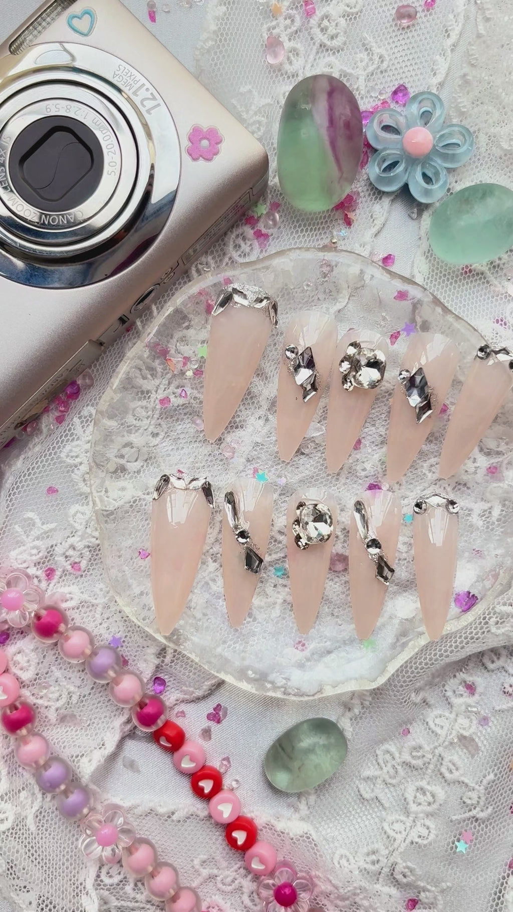 Custom Press-On Nails – Nude Stiletto with Silver Foil & Crystal Accents | Wynzy Pops Nails